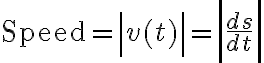$\textrm{Speed}=\left|v(t)\right| = \left|{ds \over dt}\right|$
